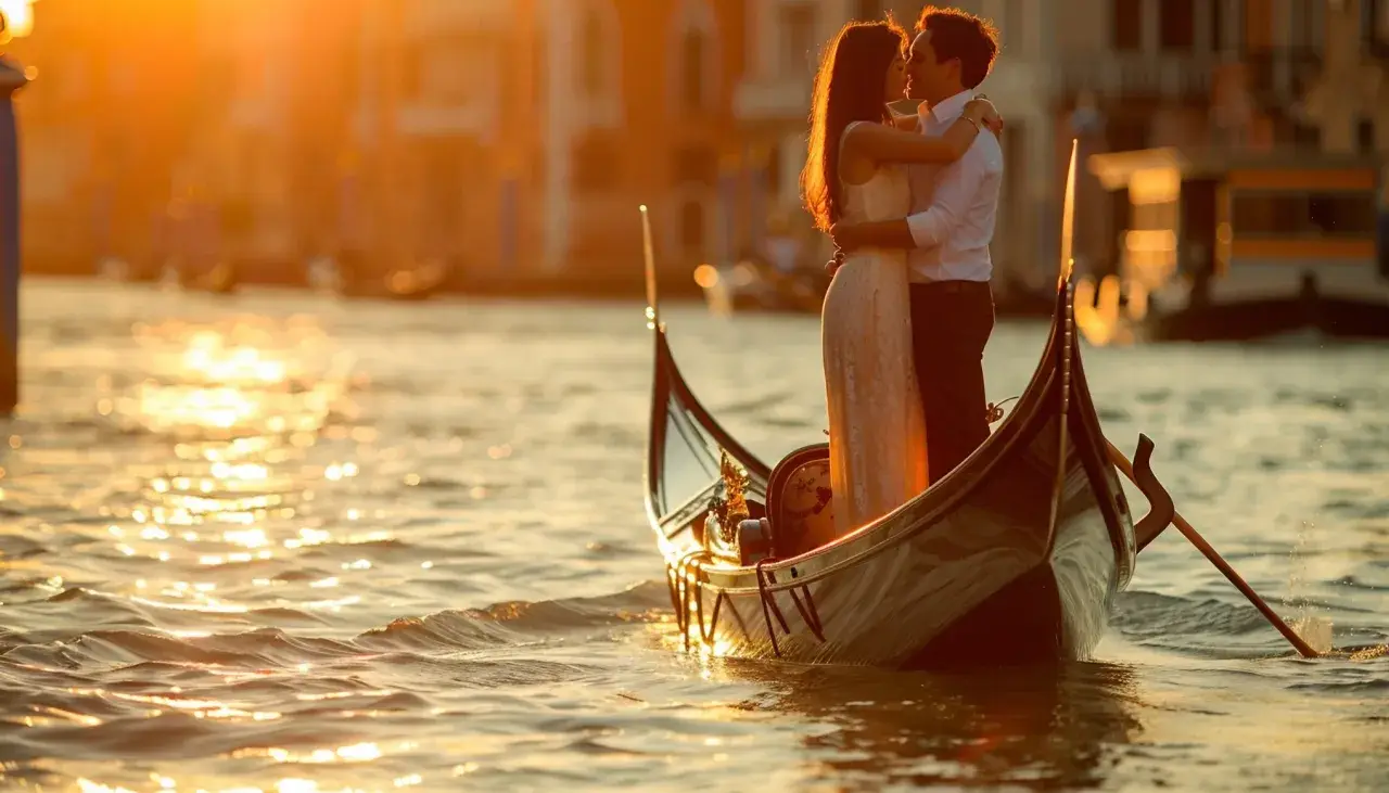 Un couple s'embrasse tendrement dans une gondole, baigné par la lumière dorée du coucher de soleil. Venise, ville des amoureux, offre un cadre idyllique pour cet instant magique.