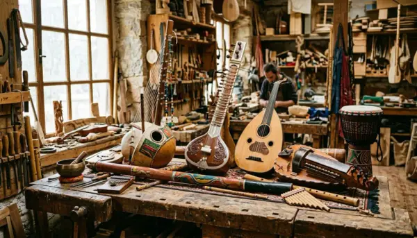 Atelier de lutherie avec un luth, un sitar et d'autres instruments de musique asie. Un artisan travaille en arrière-plan.